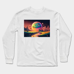 Spooky Smiling Moon Mountainscape - Psychedelic Landscape - Paint Dripping 3D Illustration - Colorful Haunted Nature Scene Long Sleeve T-Shirt